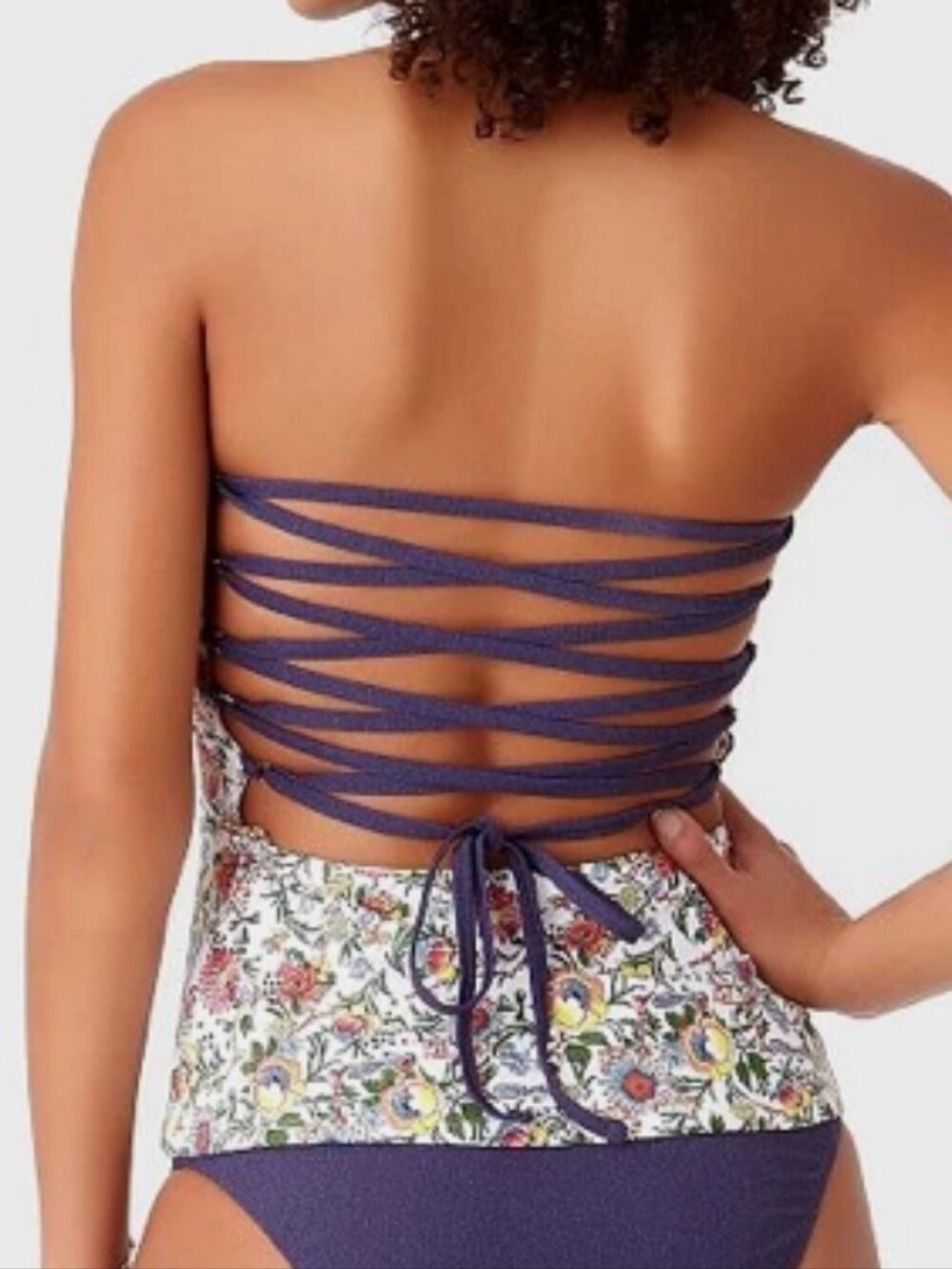 Floral Strappy Back Peplum Tankini Top — White with Multicolor Flowers